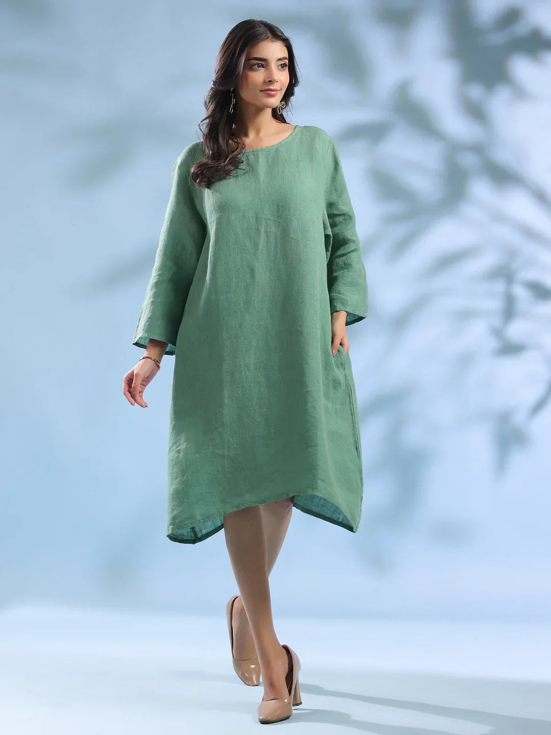 Green Solid Linen Round Neck Dress for Women - SanskrutiHomes 