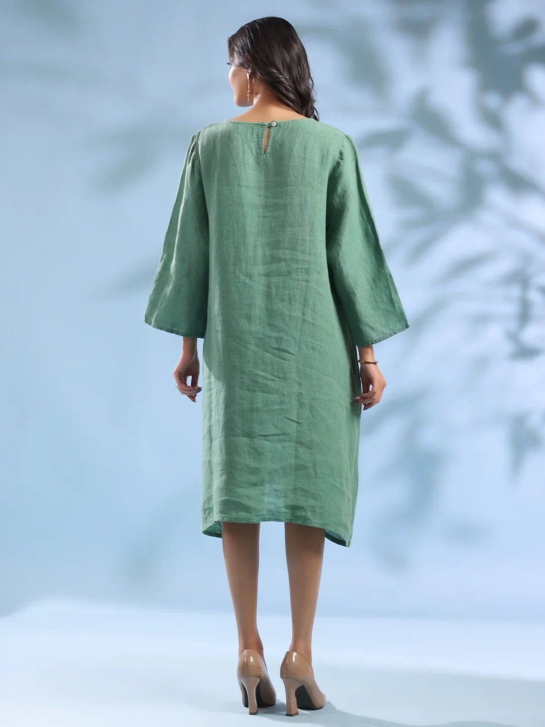 Green Solid Linen Round Neck Dress for Women - SanskrutiHomes 