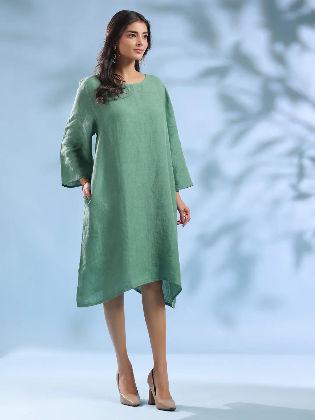 Green Solid Linen Round Neck Dress for Women - SanskrutiHomes 