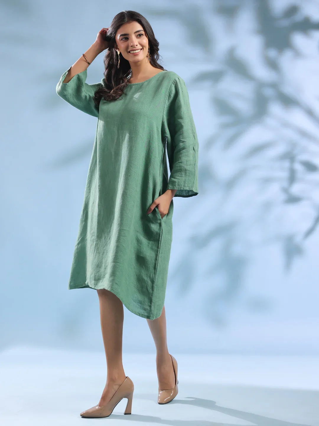 Green Solid Linen Round Neck Dress for Women - SanskrutiHomes 