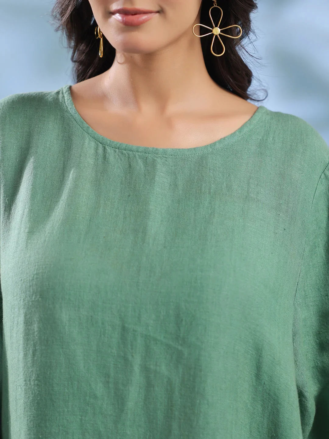 Green Solid Linen Round Neck Dress for Women - SanskrutiHomes 