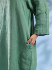 Green Solid Linen Round Neck Dress for Women - SanskrutiHomes 