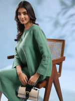 Green Solid Linen Round Neck Dress for Women - SanskrutiHomes 