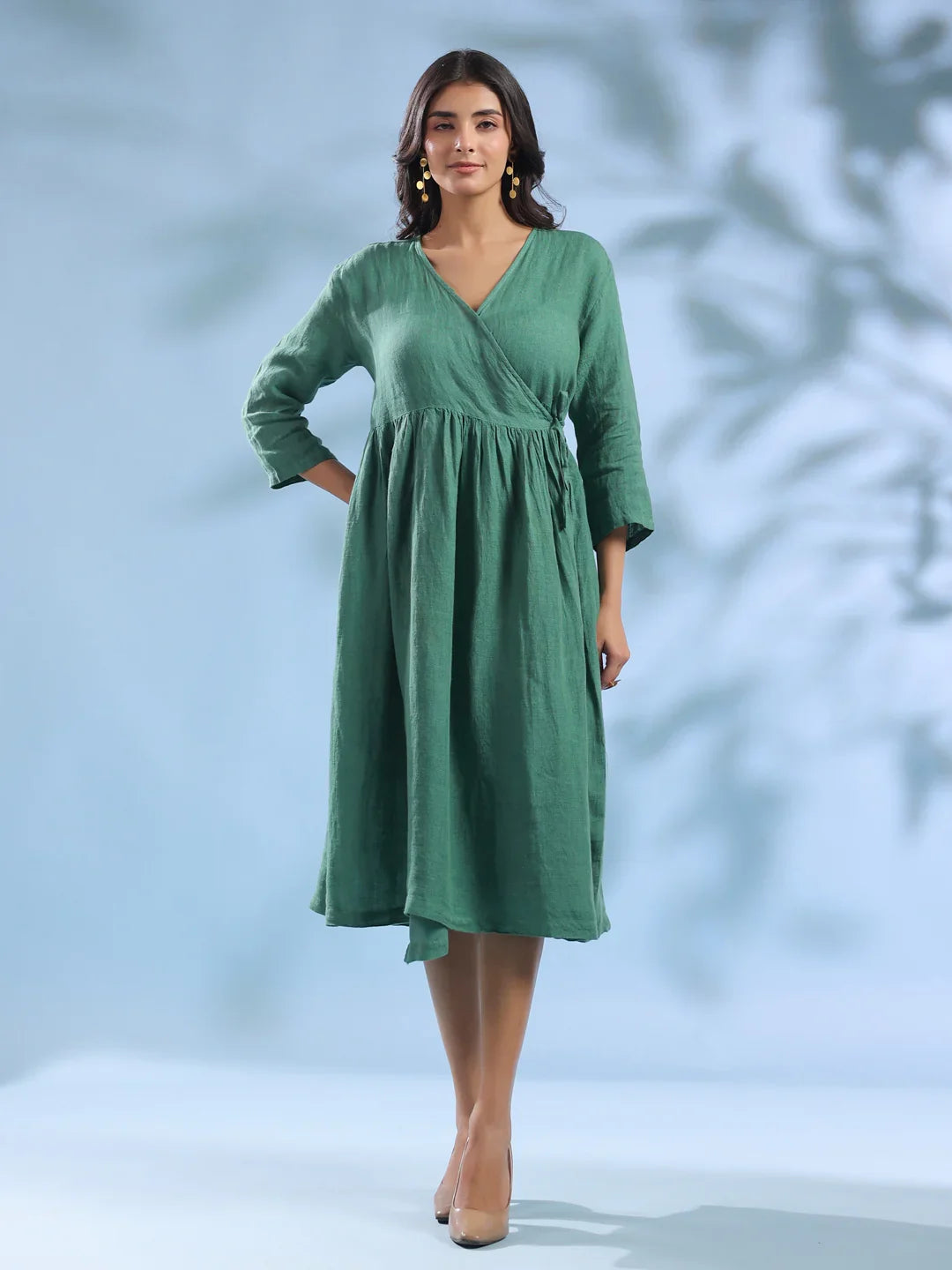 Green Solid Linen V-Neck Dress for Women - SanskrutiHomes 