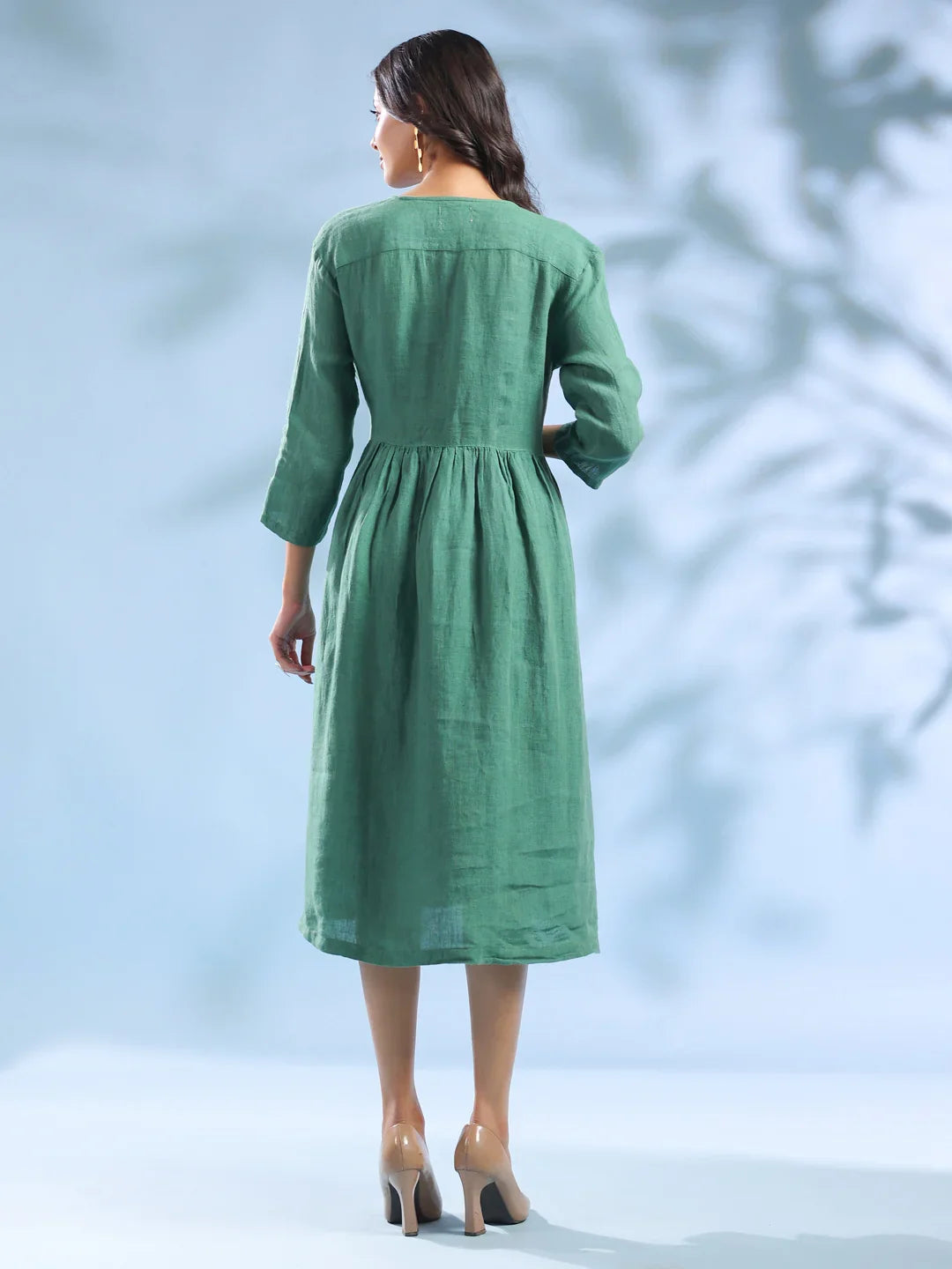 Green Solid Linen V-Neck Dress for Women - SanskrutiHomes 