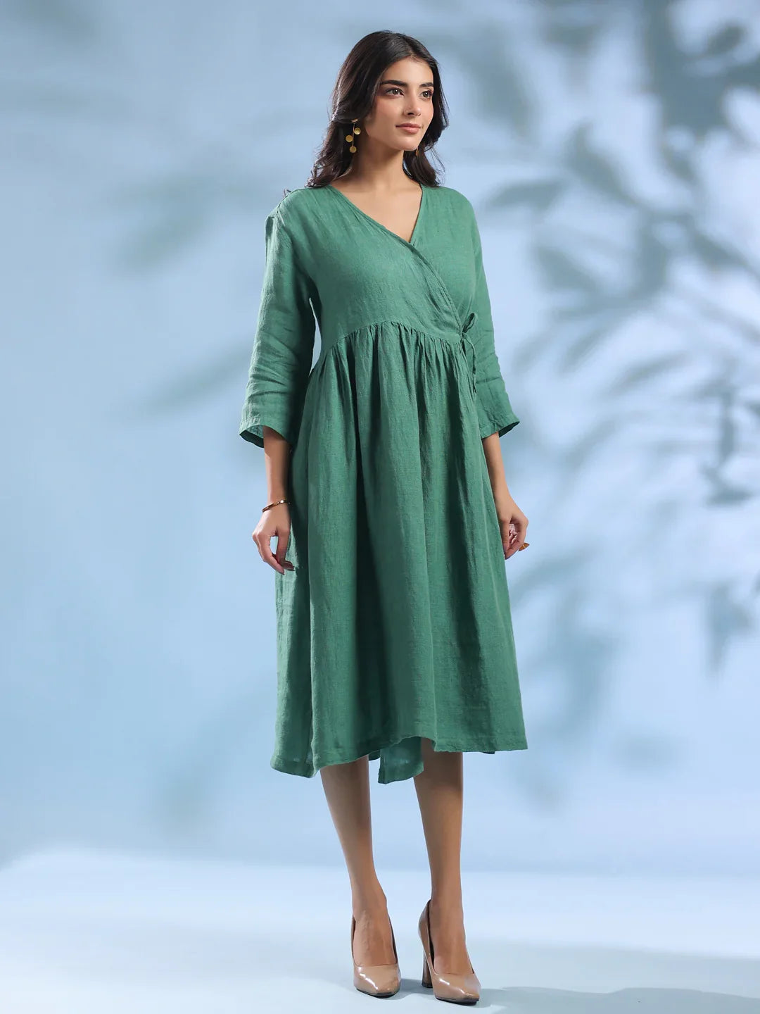 Green Solid Linen V-Neck Dress for Women - SanskrutiHomes 