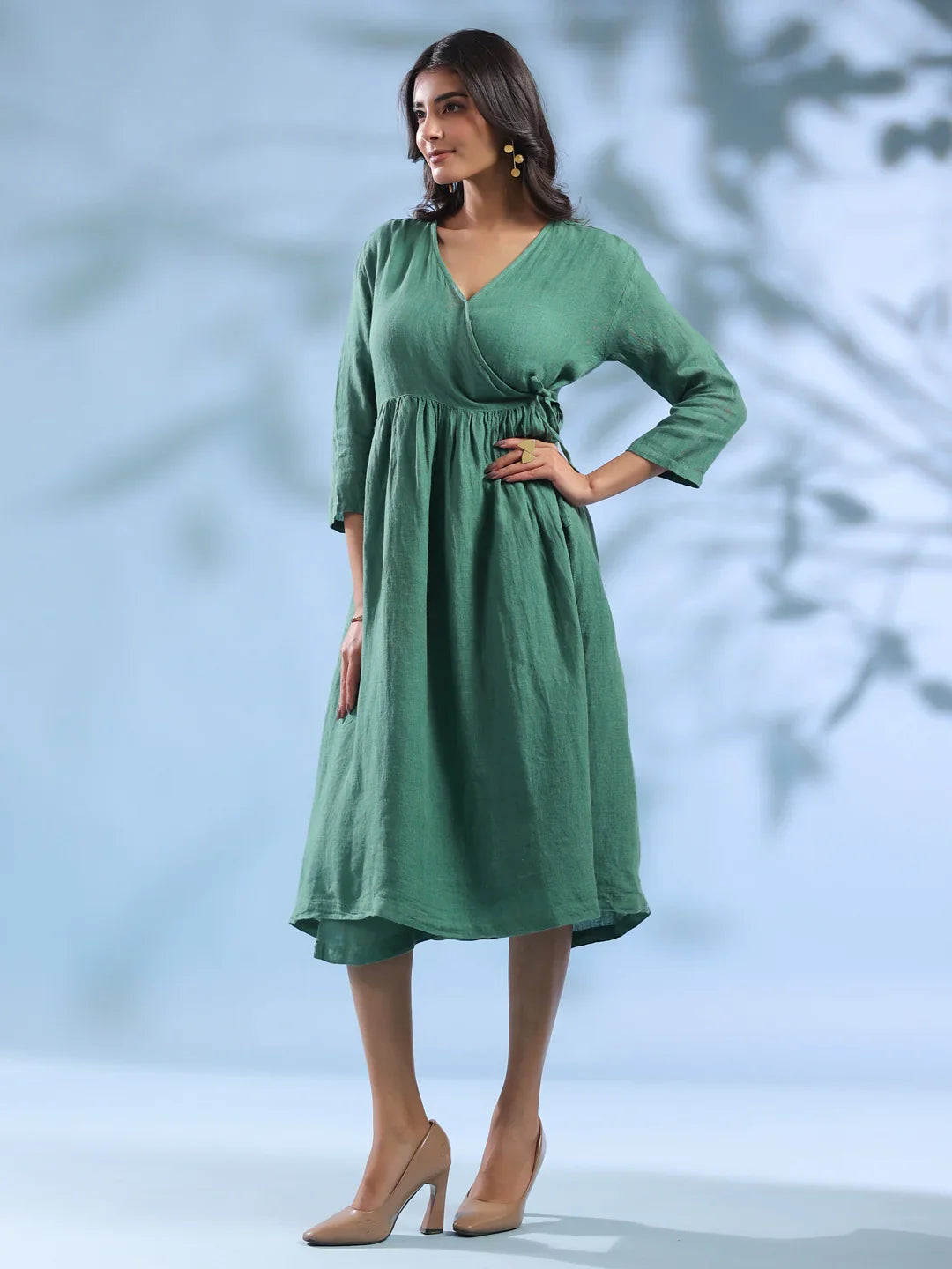 Green Solid Linen V-Neck Dress for Women - SanskrutiHomes 