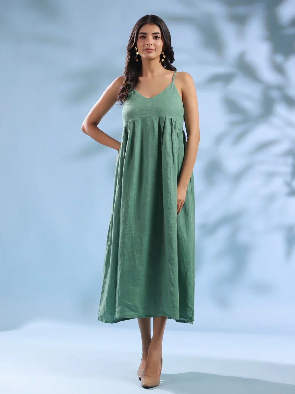 Green Dyed Linen V-Neck Dresses for Women - SanskrutiHomes 