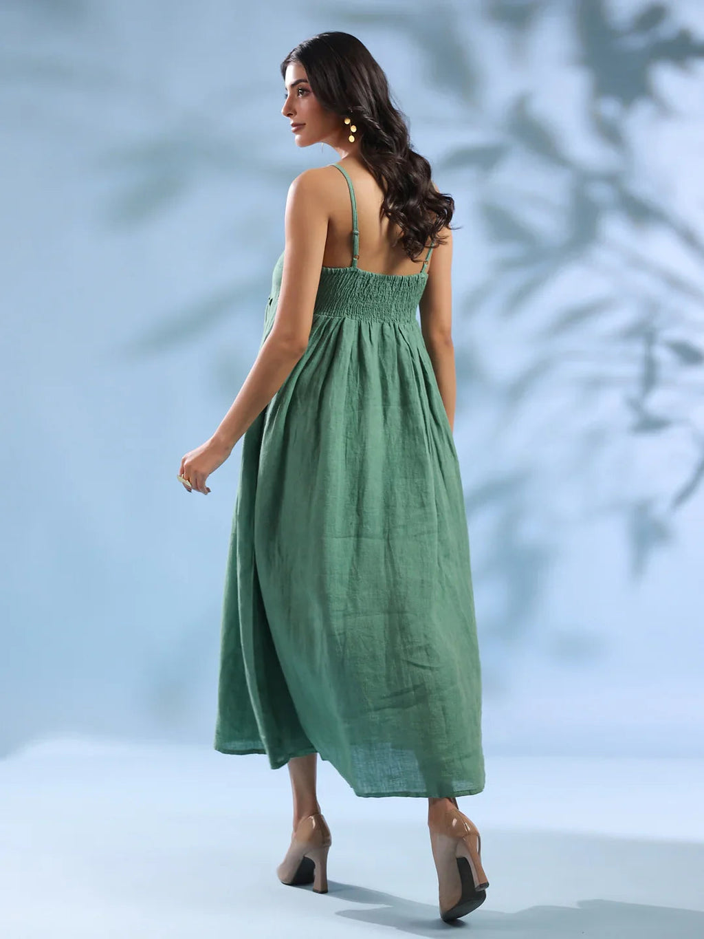 Green Dyed Linen V-Neck Dresses for Women - SanskrutiHomes 