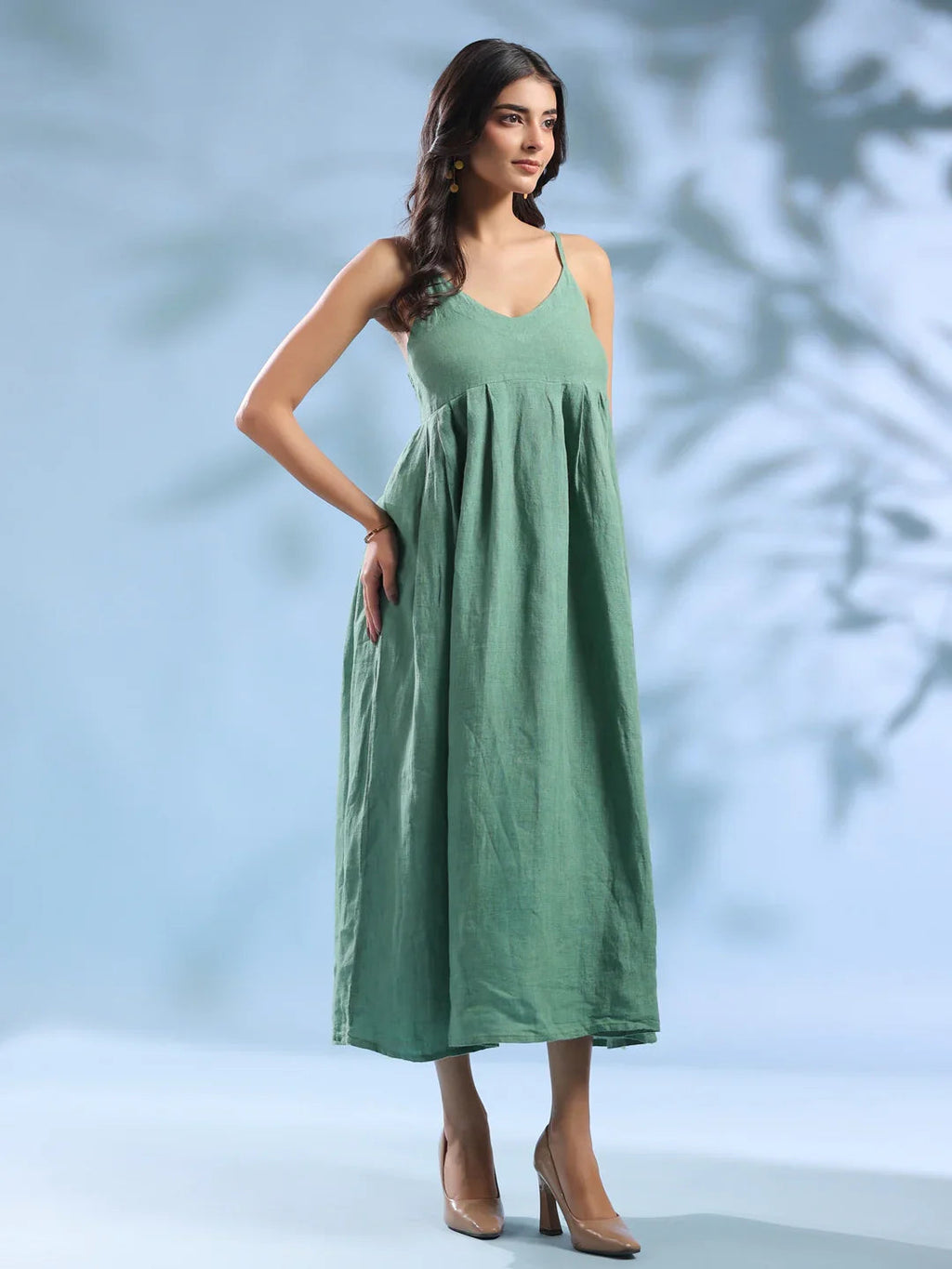 Green Dyed Linen V-Neck Dresses for Women - SanskrutiHomes 