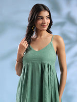 Green Dyed Linen V-Neck Dresses for Women - SanskrutiHomes 