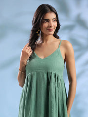 Green Dyed Linen V-Neck Dresses for Women - SanskrutiHomes 