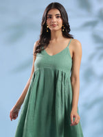 Green Dyed Linen V-Neck Dresses for Women - SanskrutiHomes 