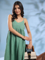 Green Dyed Linen V-Neck Dresses for Women - SanskrutiHomes 