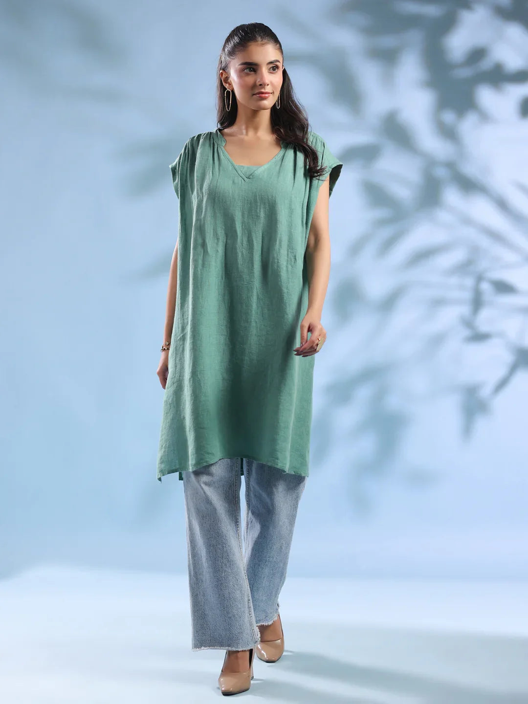 Green Solid Print Linen V-Neck Dresses for Women - SanskrutiHomes 