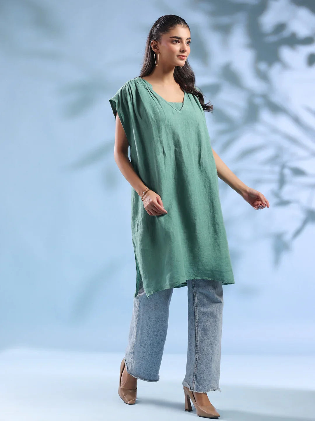 Green Solid Print Linen V-Neck Dresses for Women - SanskrutiHomes 