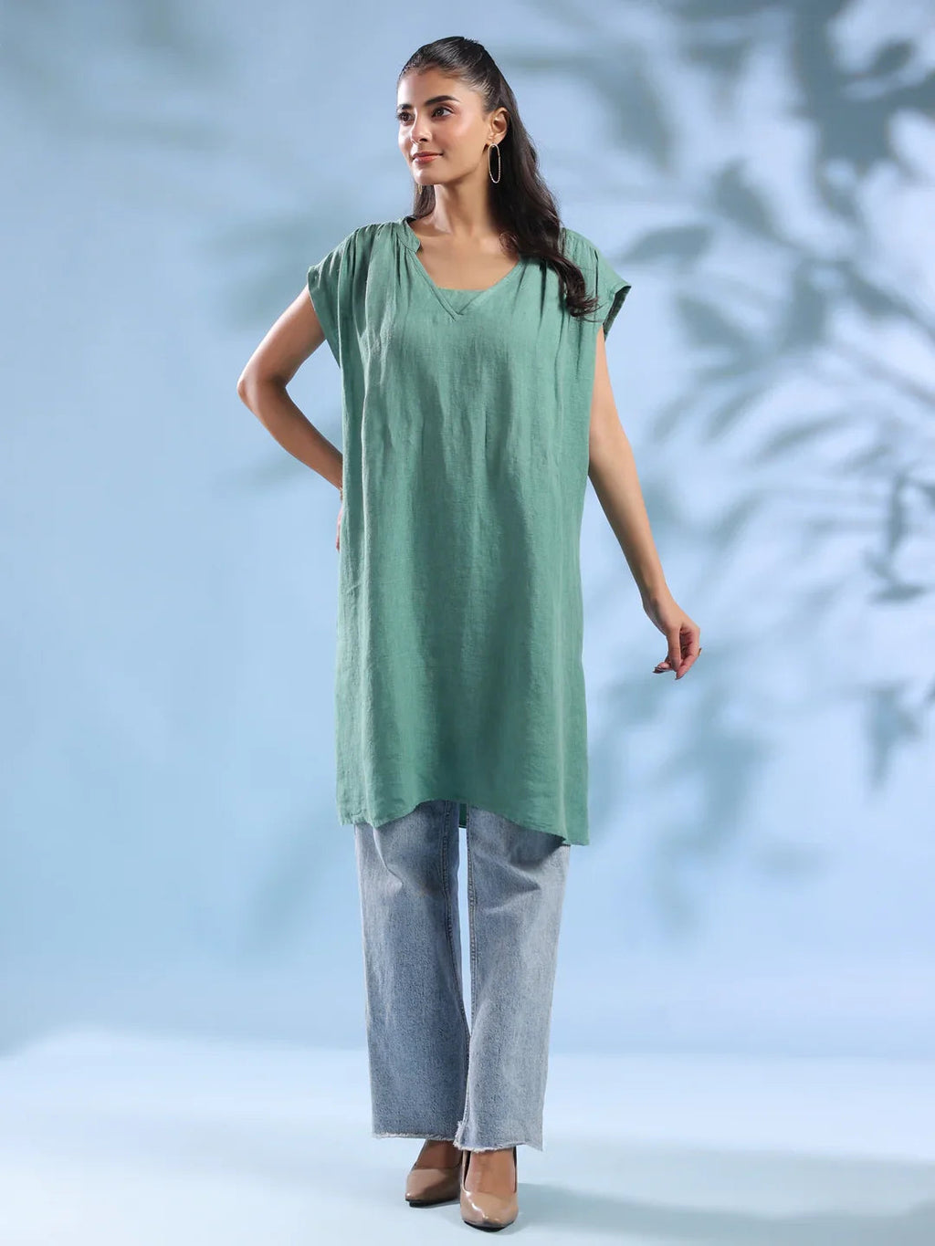 Green Solid Print Linen V-Neck Dresses for Women - SanskrutiHomes 