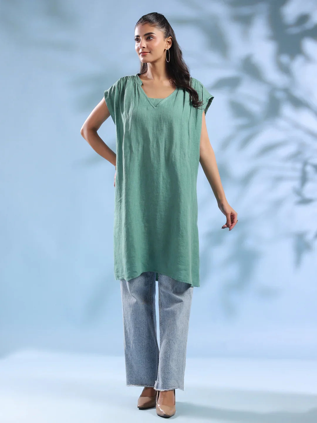 Green Solid Print Linen V-Neck Dresses for Women - SanskrutiHomes 