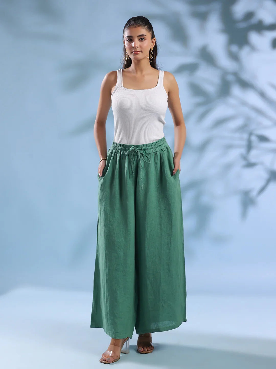 Green Solid Drawstring Linen Lounge Pants for Women - SanskrutiHomes 
