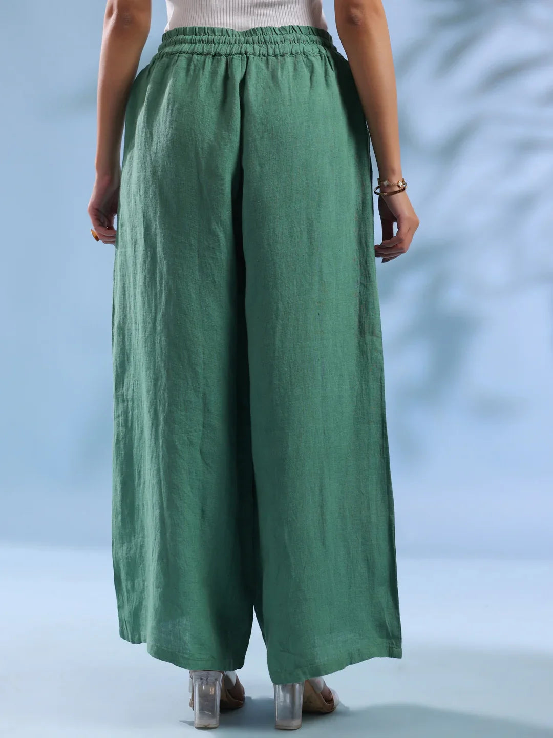 Green Solid Drawstring Linen Lounge Pants for Women - SanskrutiHomes 