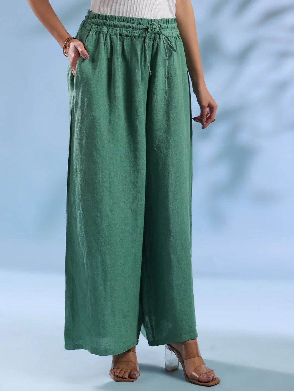 Green Solid Drawstring Linen Lounge Pants for Women - SanskrutiHomes 