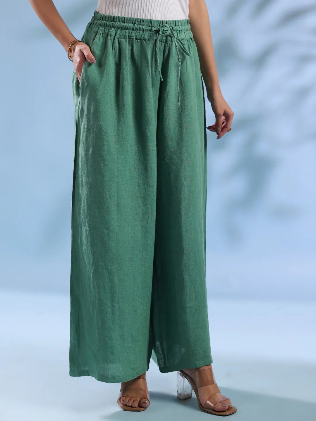 Green Solid Drawstring Linen Lounge Pants for Women - SanskrutiHomes 