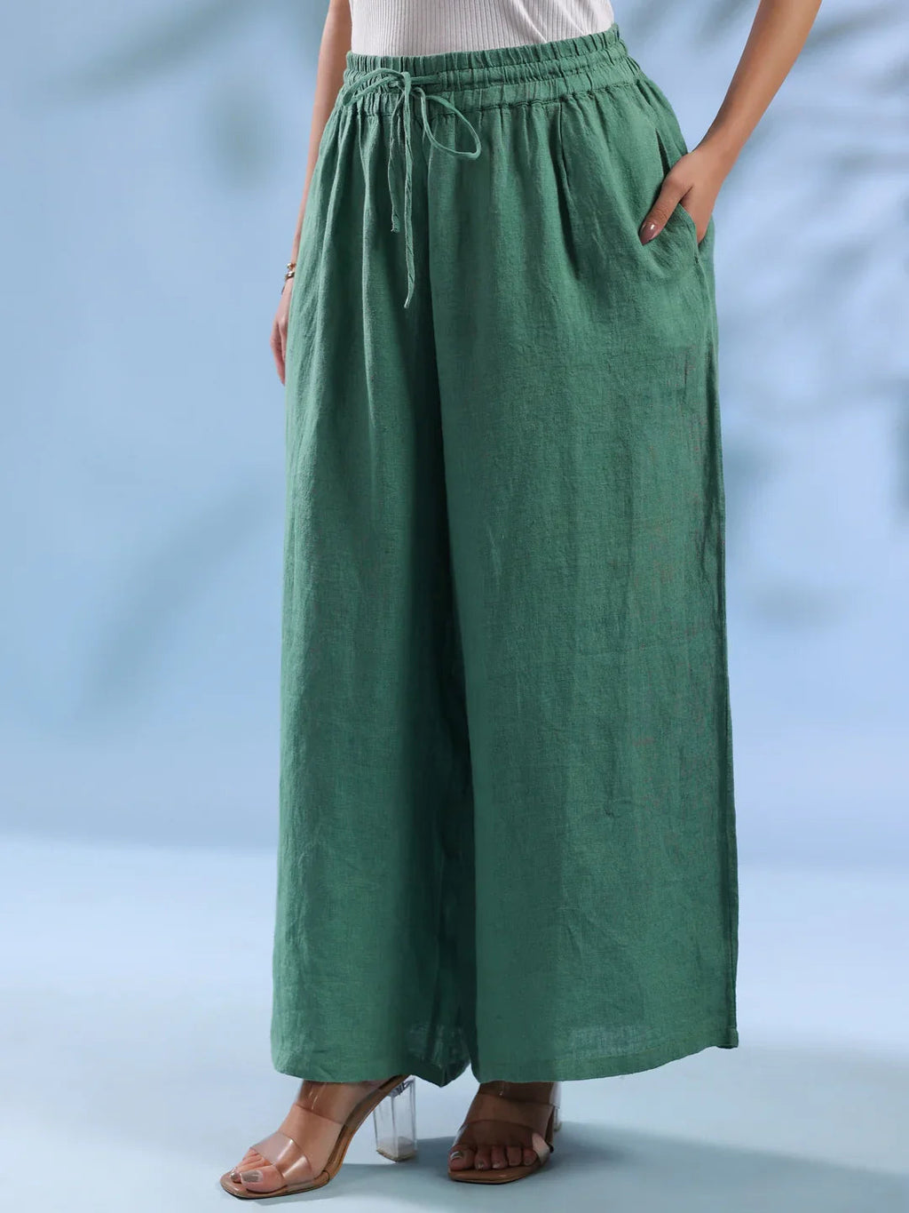 Green Solid Drawstring Linen Lounge Pants for Women - SanskrutiHomes 