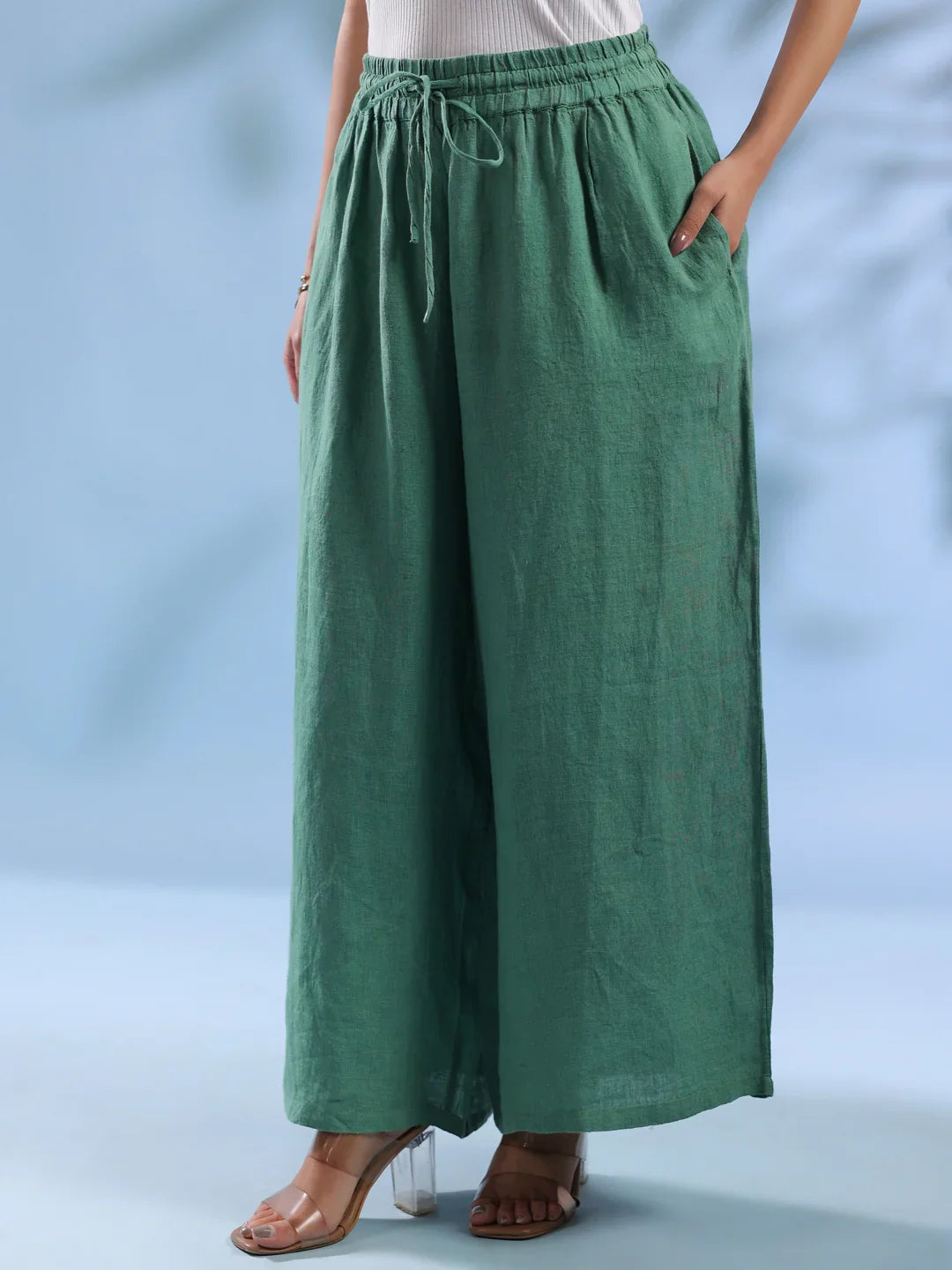 Green Solid Drawstring Linen Lounge Pants for Women - SanskrutiHomes 
