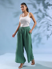 Green Solid Drawstring Linen Lounge Pants for Women - SanskrutiHomes 