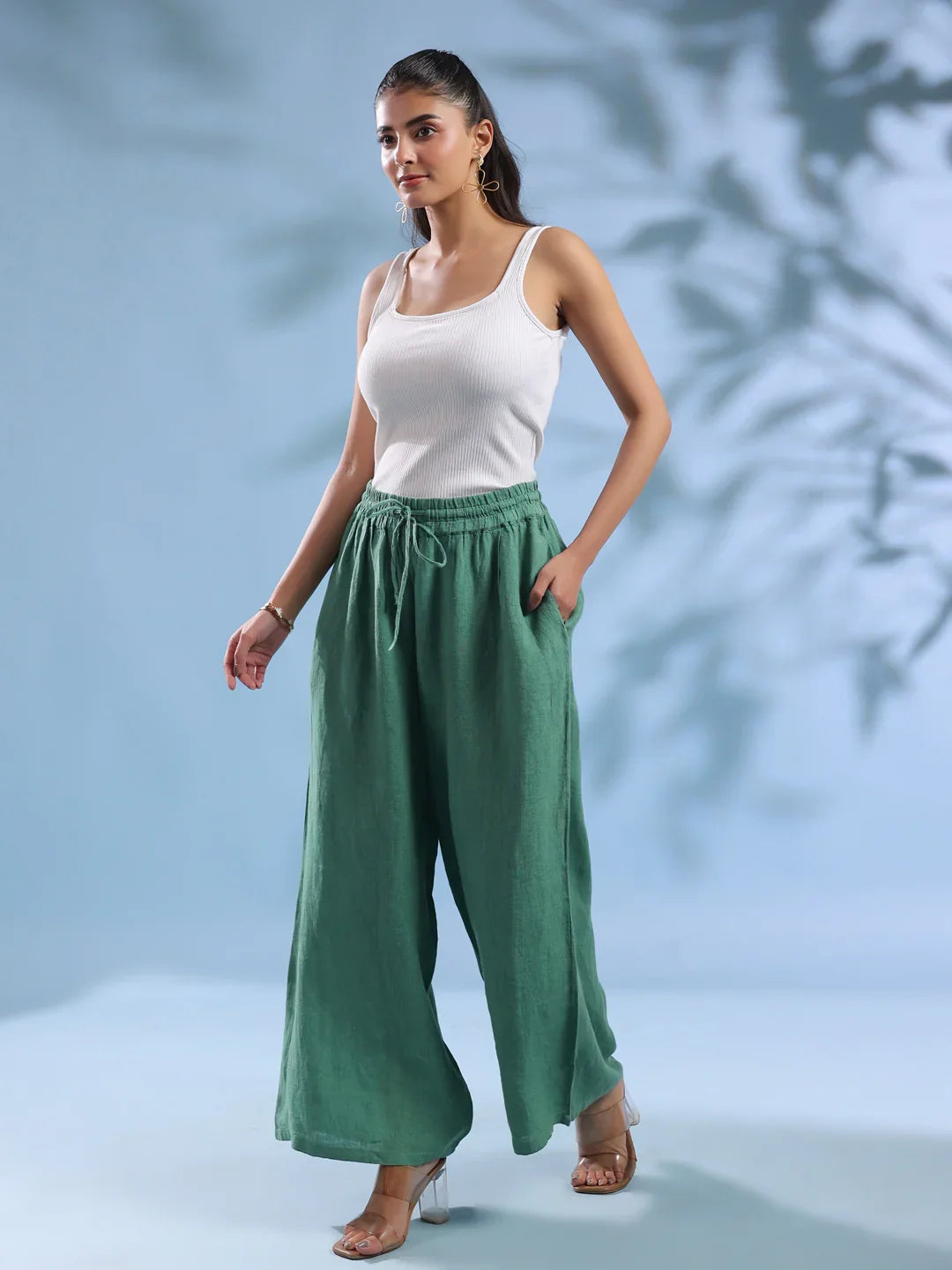 Green Solid Drawstring Linen Lounge Pants for Women - SanskrutiHomes 