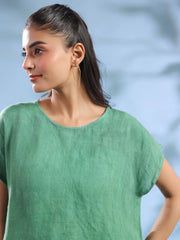 Green Solid Linen Round Neck Top For Women