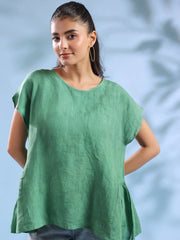 Green Solid Linen Round Neck Top For Women