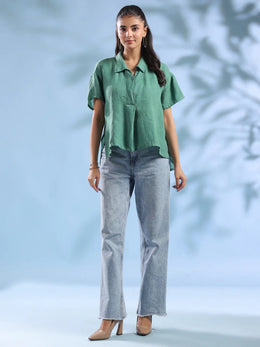 Green Solid Shirt Collar Linen Top For Women