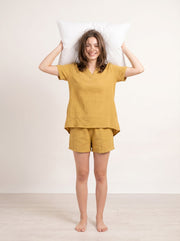 Yellow V-Neck Solid Pure Cotton Lounge set For Women