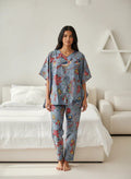 Beige Floral Printed V-Neck Night Suit Set - SanskrutiHomes 