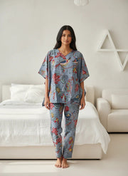 Beige Floral Printed V-Neck Night Suit Set - SanskrutiHomes 