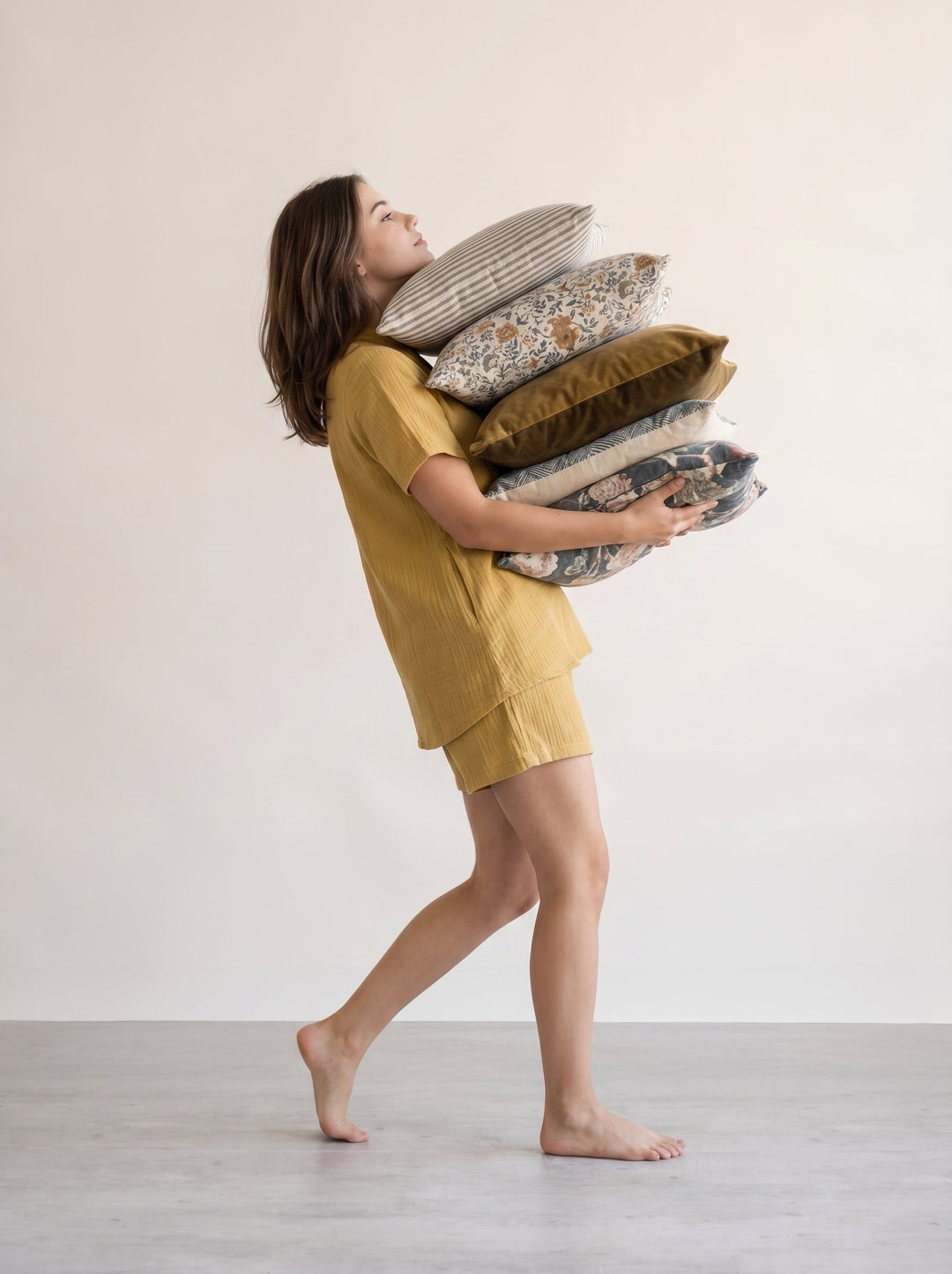 Yellow V-Neck Solid Pure Cotton Lounge set For Women
