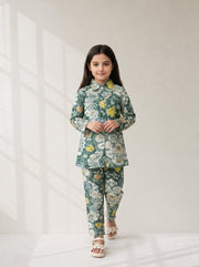 Green Floral Print V-Neck Pure Cotton Night Suit For Kids