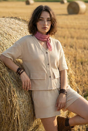 Beige Solid Lycra Shirt Collar Night Suit Set For Women - SanskrutiHomes 