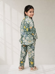 Green Floral Print V-Neck Pure Cotton Night Suit For Kids