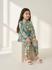 Green Floral Print V-Neck Pure Cotton Night Suit For Kids