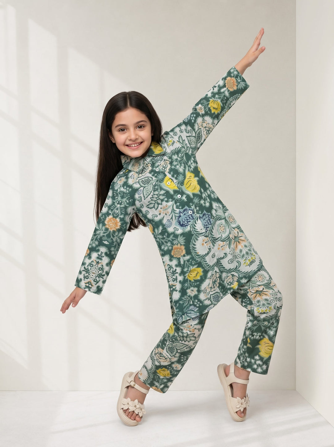 Green Floral Print V-Neck Pure Cotton Night Suit For Kids