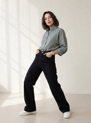 Green Solid Spread Collar Cotton Shirt For Women
