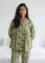 Olive Green Solid Printed Mandarin Collar Co-Ord Set for Women - SanskrutiHomes 