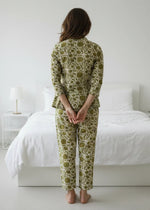 Olive Green Solid Printed Mandarin Collar Co-Ord Set for Women - SanskrutiHomes 