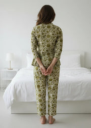 Olive Green Solid Printed Mandarin Collar Co-Ord Set for Women - SanskrutiHomes 