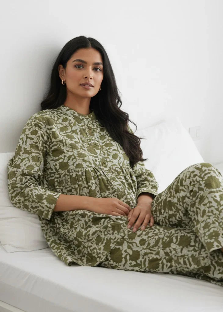 Olive Green Solid Printed Mandarin Collar Co-Ord Set for Women - SanskrutiHomes 