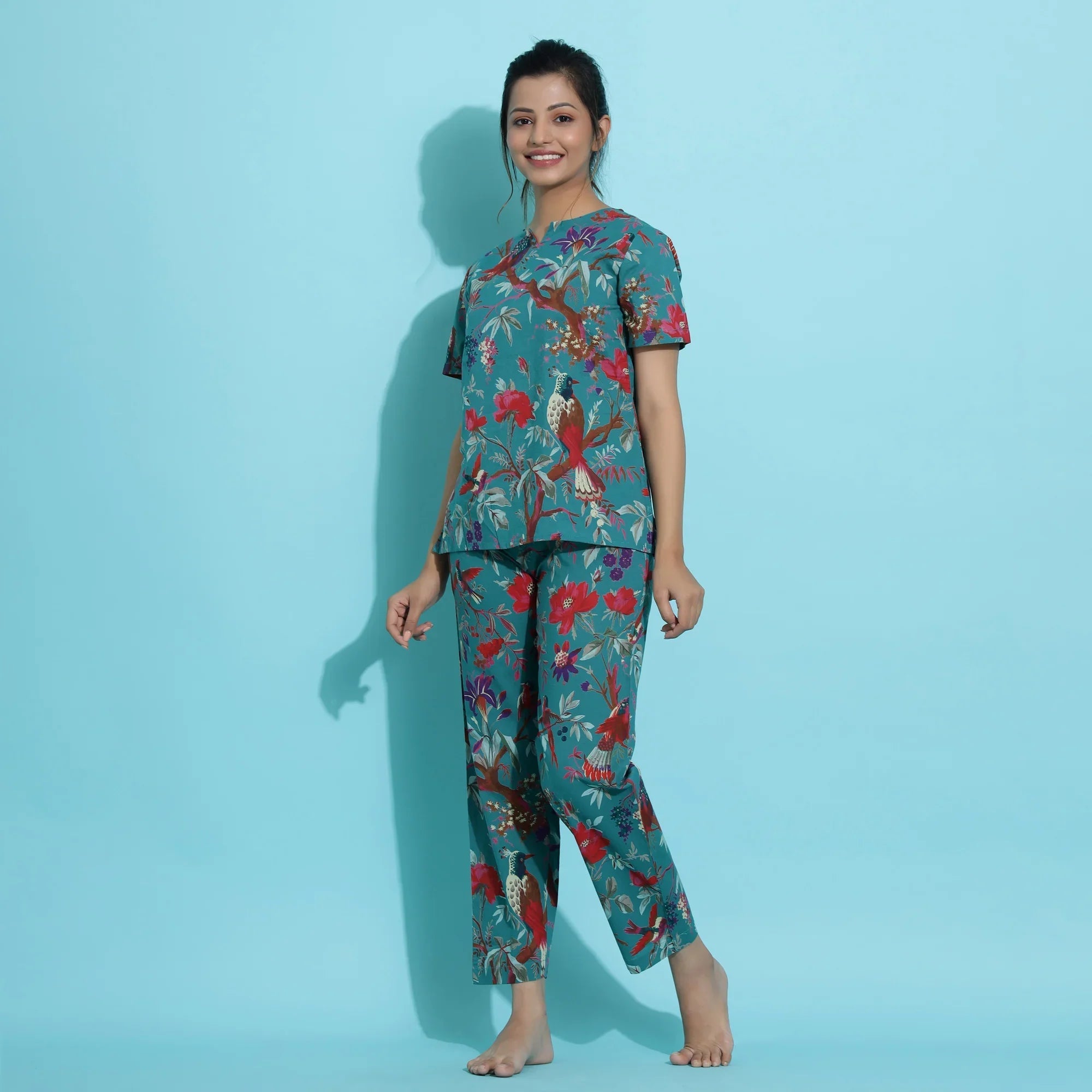 TEAL Green Cotton Printed Night Suit Set with Pajama - SanskrutiHomes 