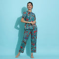 TEAL Green Cotton Printed Night Suit Set with Pajama - SanskrutiHomes 