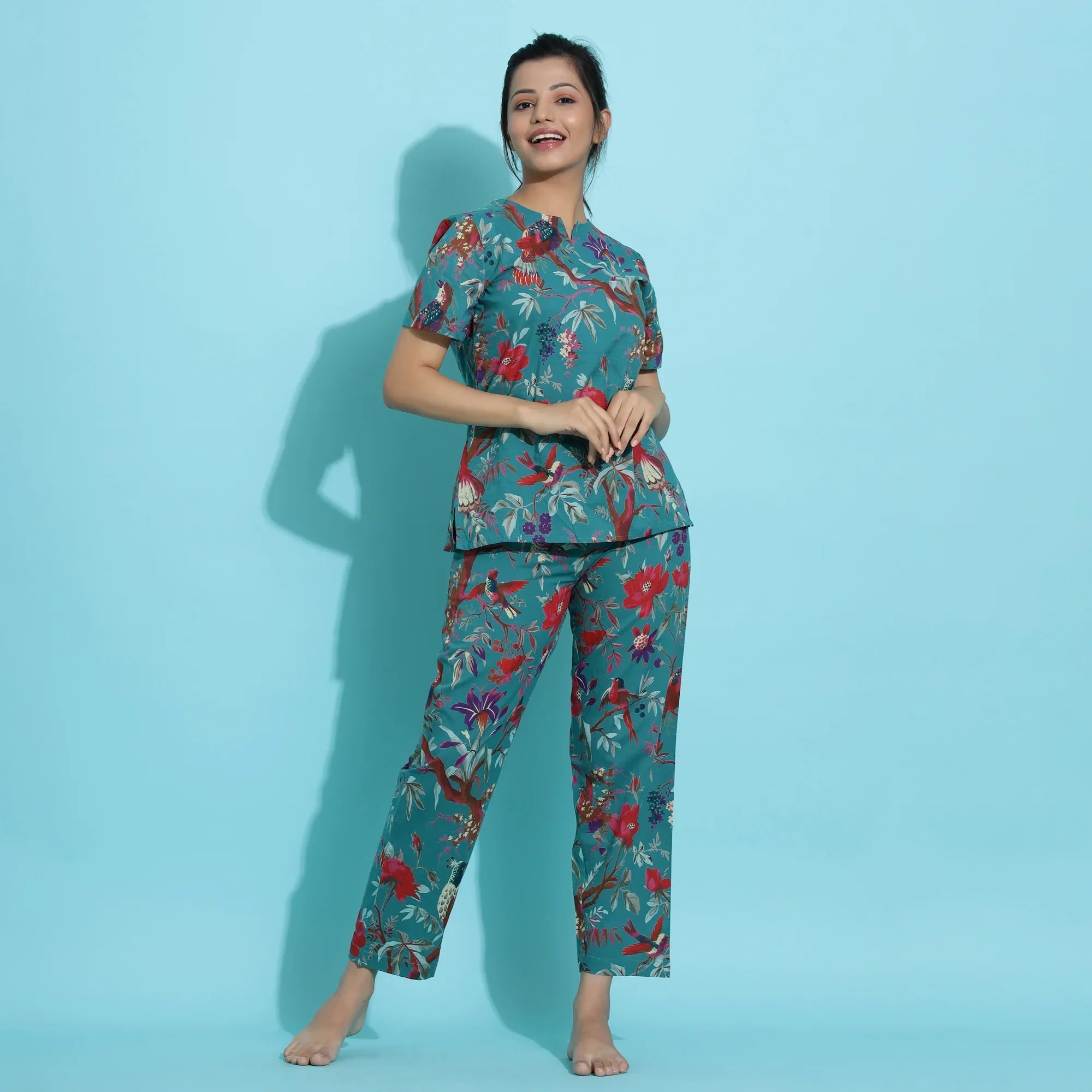 TEAL Green Cotton Printed Night Suit Set with Pajama - SanskrutiHomes 